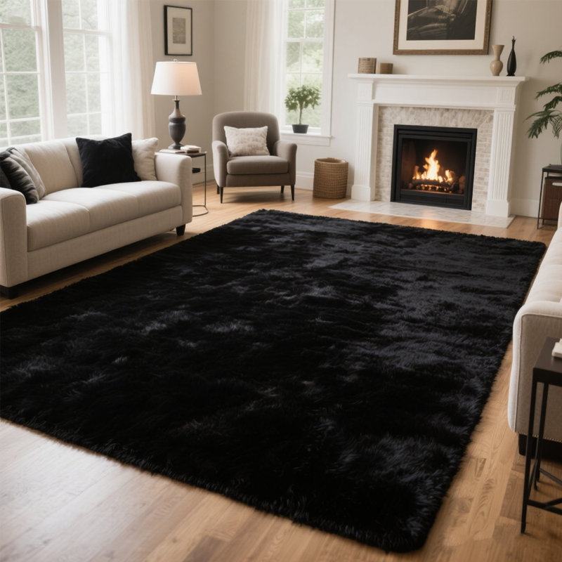 Soft Black Shag Area Rug, Rectangle 6' x 9', Black