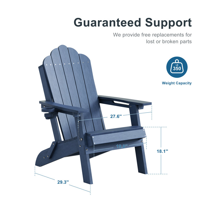 Classic Folding Adirondack Chair, HDPE Adirondack Chair with Ergonomic Design & Cup Holder for Patio and Fire Pit, Navy