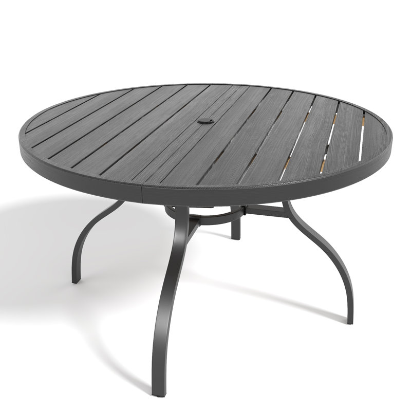 Table de patio ronde moderne, conception en faux bois et métal, salle à manger d'extérieur