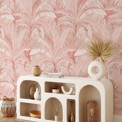 Rose Gold Tropical Leaves Wallpaper Pink