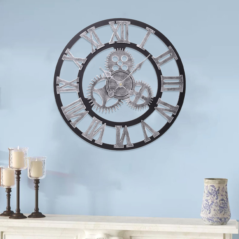 European Roman Gear Mute Wall Clock, Silver