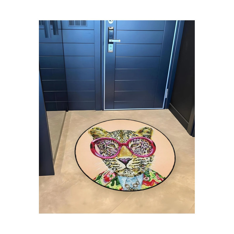 Pink Spectacled Tiger Detailed Woven Base Modern Decorative Carpet, Round 5'