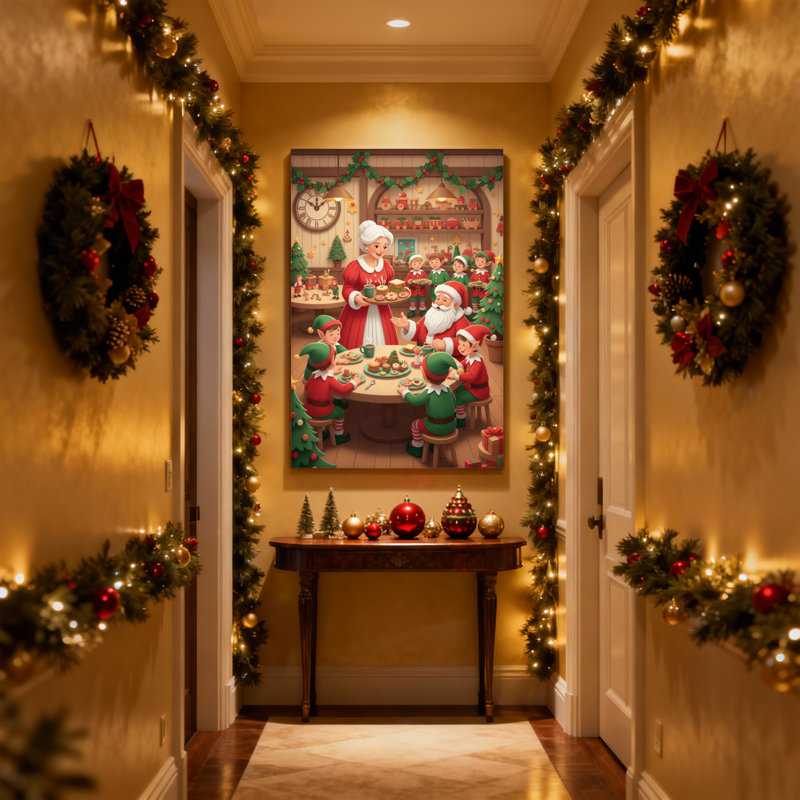 «Christmas Christmas Elf Gathering With Père Noël et Père Noël», ensemble de 3 impressions sur toile, H 30 po x l 20 po