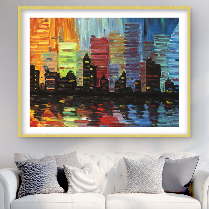 Colourful Cityscape - Orange Contemporary Framed Print Decor, Gold