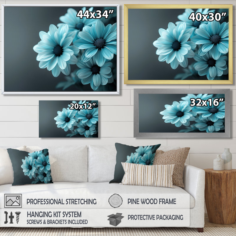 «Blue Mon monochrome Mums Garden Scenery II - Mums, art mural, Cadre flottant brun, bois massif, H 16 po x l 32 po