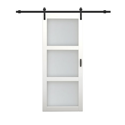 36 po X 84 po Porte de grange coulissante intérieure 3 pièces en verre givré blanc pré-assemblé avec ensemble de quincaillerie et poignée de porte