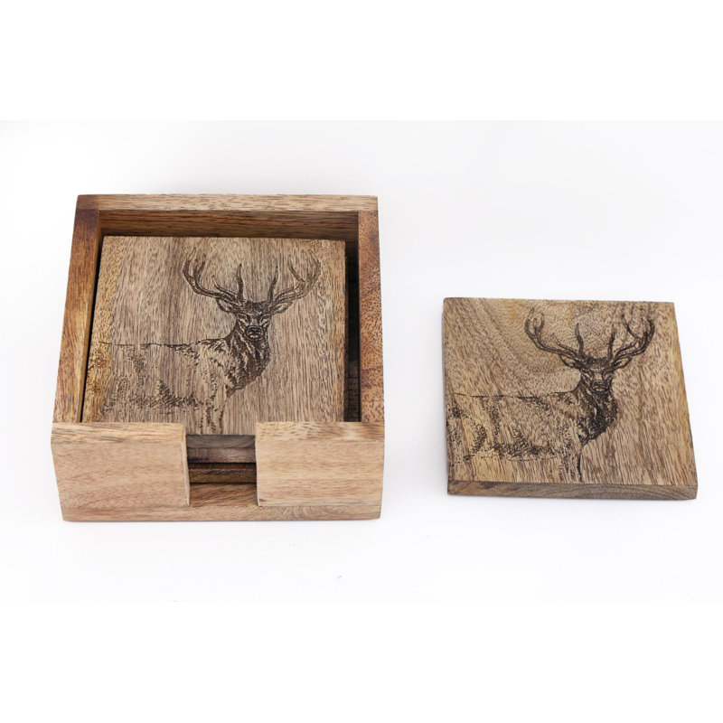 Wood Square 5 Piece Coaster Set With Holder
