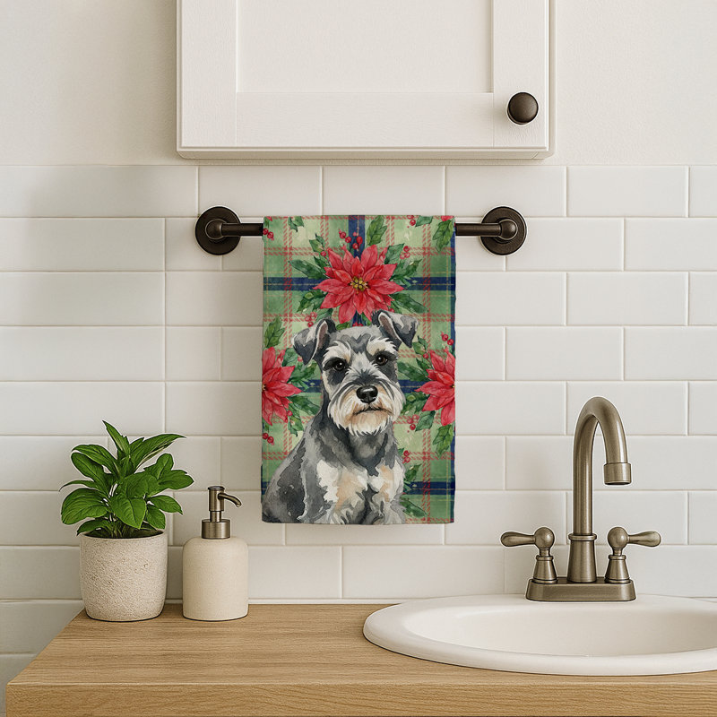 Miniature Schnauzer Christmas PoinsettIas Kitchen Towel, White/Black Miniature Schnauzer