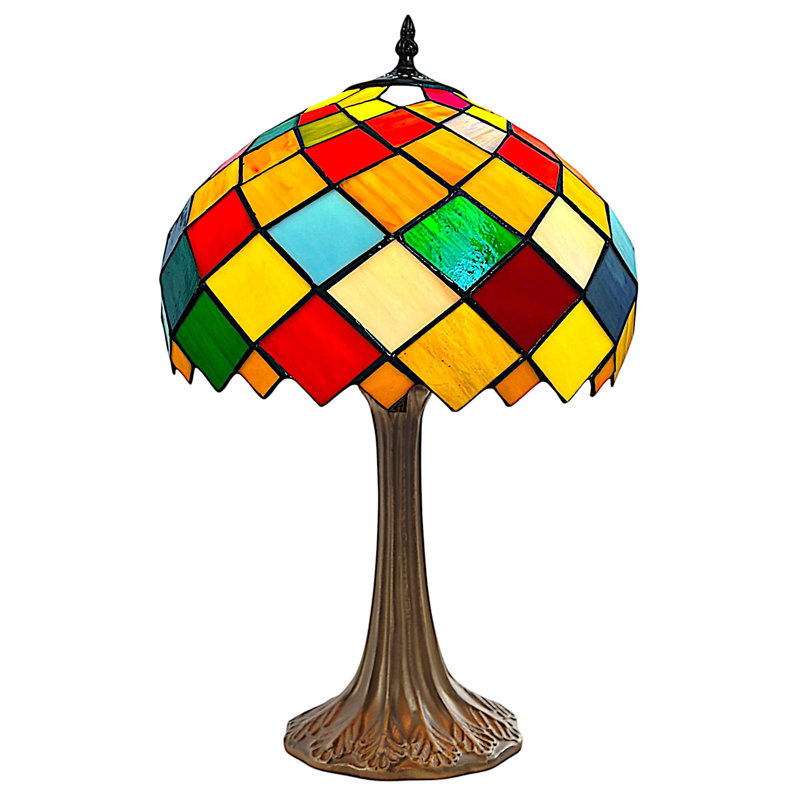 Tiffany Style Table Lamp, 49cm Height, Stained Glass Shade, Antique Bronze Leaf Base