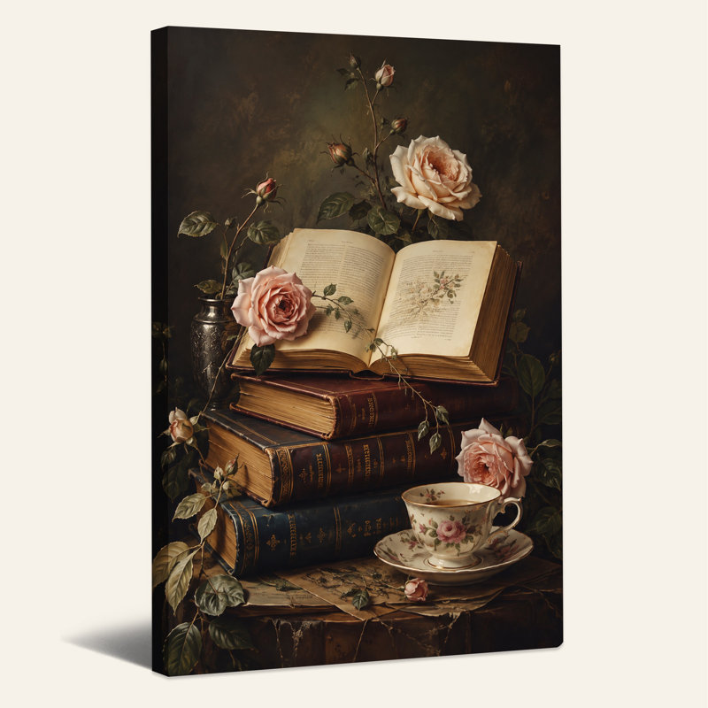 Art rétro sur toile, livres rétro et roses roses avec tasse de thé, H 24 po x l 16 po