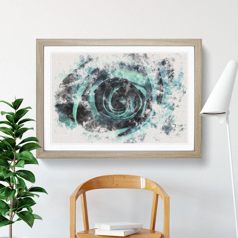 A Teal Rose Watercolour - Picture Frame Graphic Art Print, 45cm H x 63cm W x 2cm D, Oak Framed