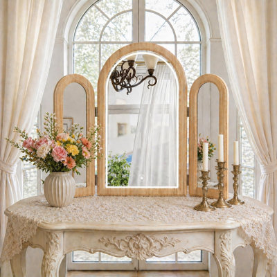 Miroir de coiffeuse avec éclairage DEL 76 cm H x 94 cm L, grand miroir de maquillage à 3 faces, miroir cosmétique décoratif arqué, naturel