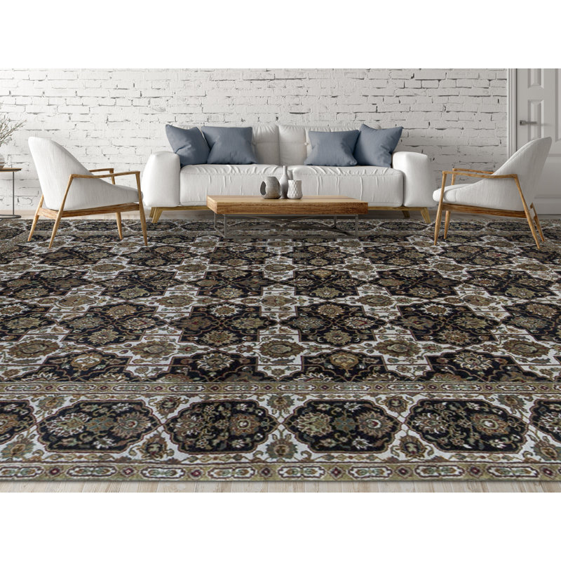 Lamani Wool Oriental Area Rug in Ivory/Black/Green