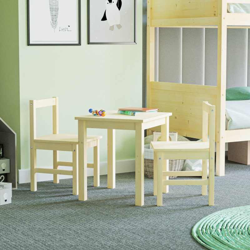 Tonicha Kids 3 Piece Solid Wood Square Play Or Activity Table and Chair Set, Pine