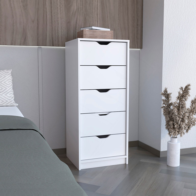 Commode haute 5 tiroirs Basilea, système coulissant - Blanc