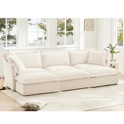 Comfy 3 With 3 Ottomans, Cream Chenille Cover, Perfect For Home Theater Living Room Upholstery, Elegant And Spacious Setup
