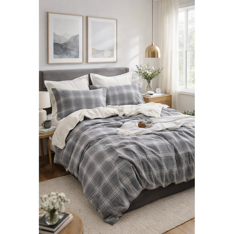 Ensemble de housse de couette réversible en coton standard gris / blanc 3 pièces Chrishona