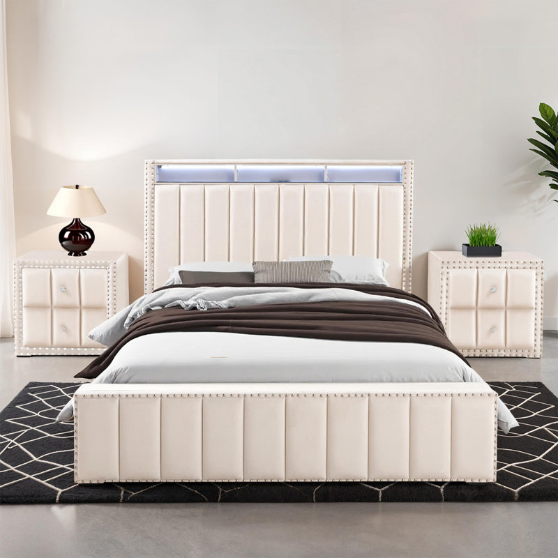 Bed Storage Shelve LED Channel Tufting, Beige, Queen
