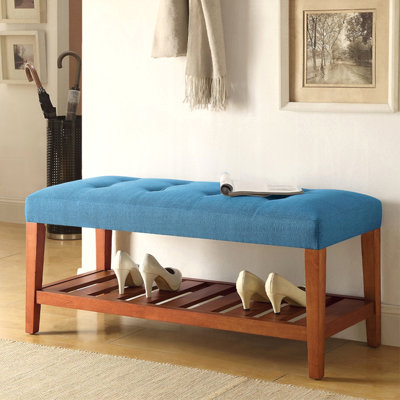 Banc bleu tendance avec coussin et tablette en chêne