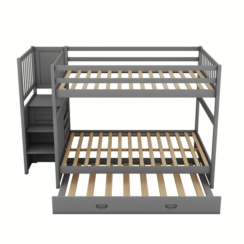 Kids Full Over Full Bunk Bed with Trundle with Drawers, Gray
