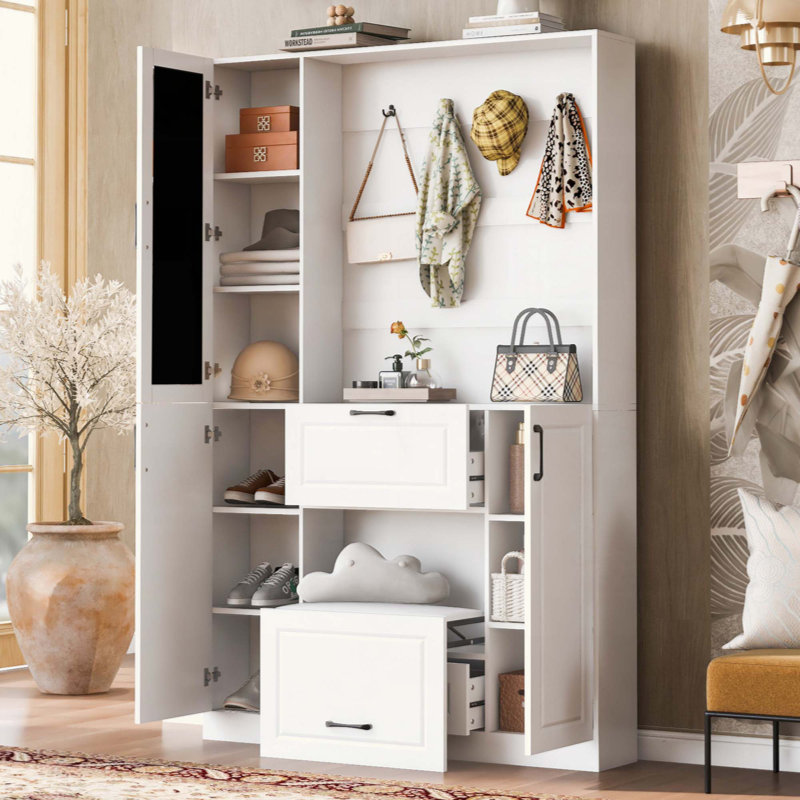 Entryway Bench With Integrated Shoe Cabinet , 3-In-1 Design And Mirrored Cabinet Door, Hall Tree With 4 Sturdy Hooks And Foldable Seat For Entrance, Living Room