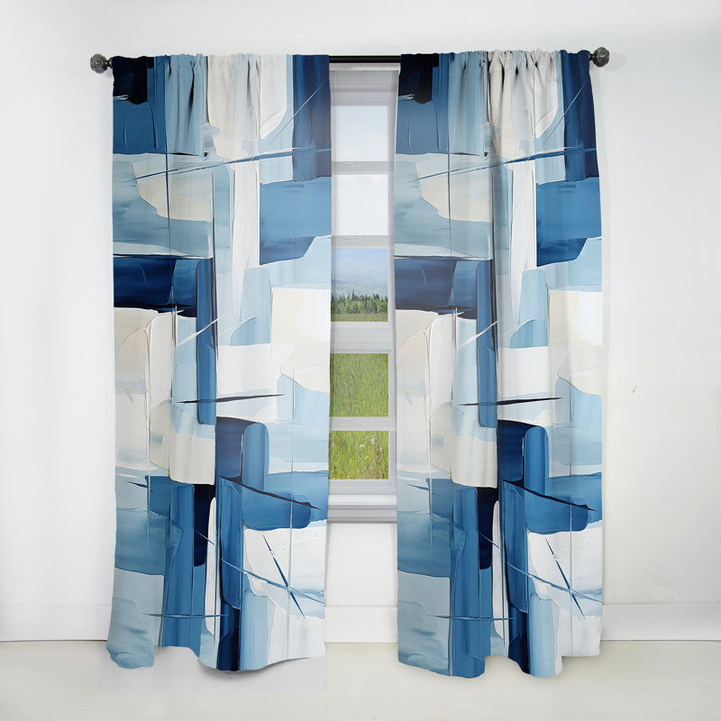 Formes géométriques blanches et bleues Feivel II - rideau en velours moderne - obscurcissant - 1 panneau, L 52 po x L 63 po