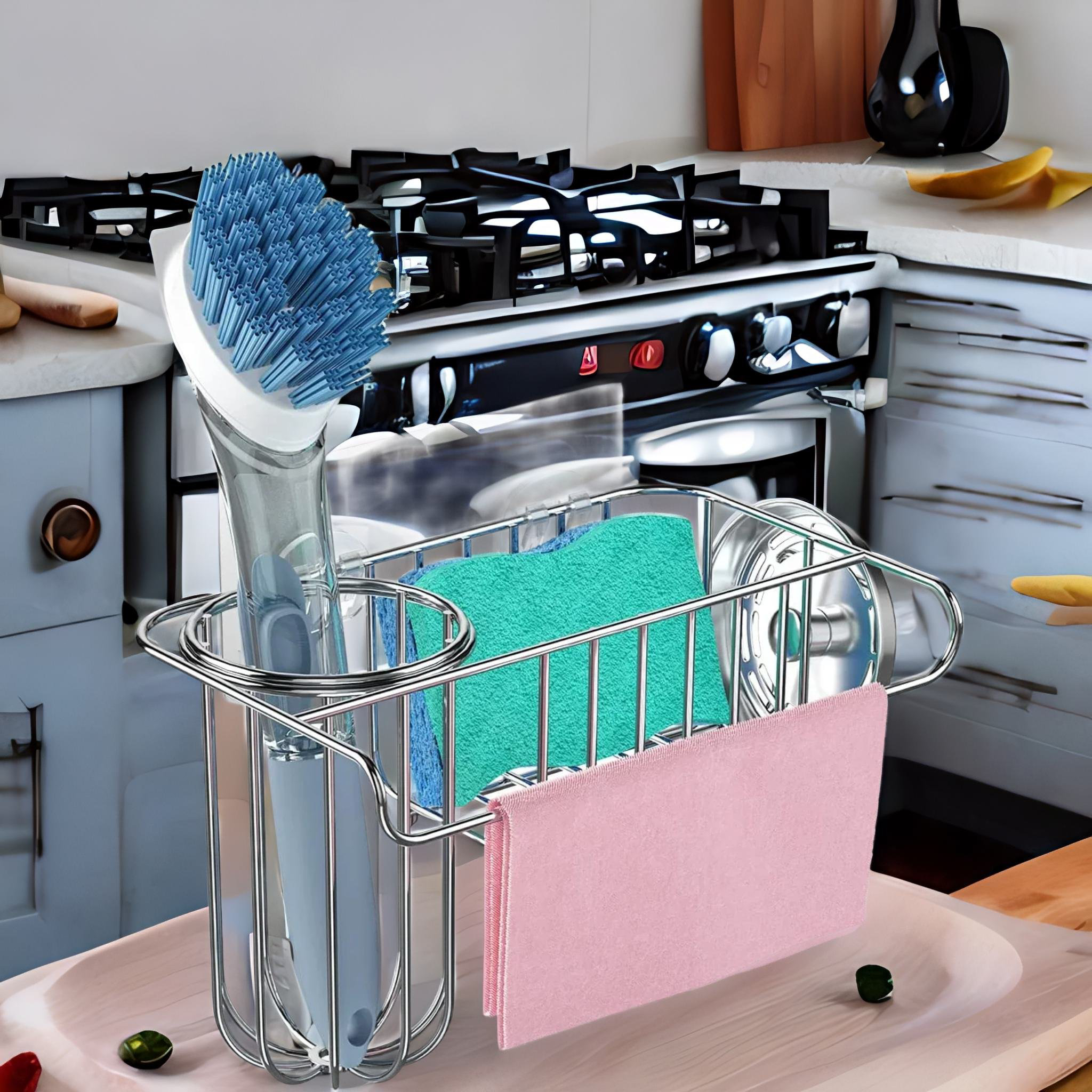 Kitchen Sink Caddy Sponge Holder 3 in 1 Sink Organizer with with Towel Rack  and Removable Drain Tray Rust Proof Sponge Soap and Brush Holder for