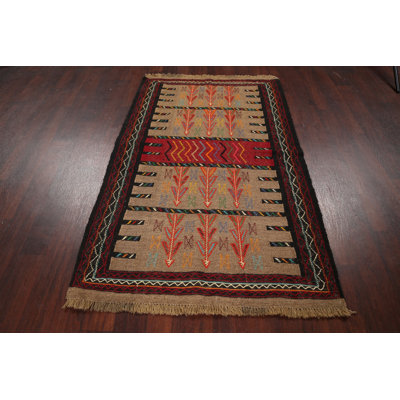 Tapis de la zone en laine rouge/beige/noir 3 pi 7 po x 5 pi 10 po one-of-kind main-noué la