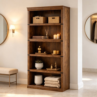 5-Tier Farmhouse Freestanding Bookcase, Wooden Open Display Bookshelf with Storage for Home Office, Living Room, Bedroom