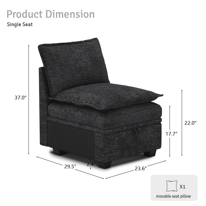 Luna Chenille Single Seat Armless Storage Chair For Modular Sofa, Black Chenille