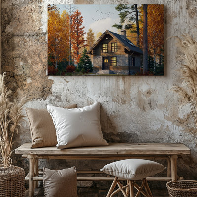 Toile nichée dans une forêt tranquille, charmante maison en bois avec art mural, toit incliné et fondation en pierre robuste