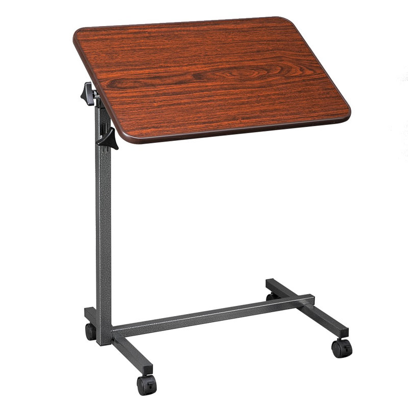 Table de chevet réglable multifonctionnelle (grain de bois foncé) - cadre en MDF / fer, 4 roues avec frein, plateau de table inclinable, hauteur de 27 po à 44 po pour manger / lire / ordinateur portable