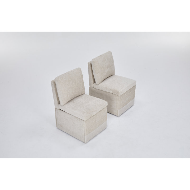 Modern Linen Upholstered Armless Dining Chair Set With Casters And Storage - Set Of 2, Beige