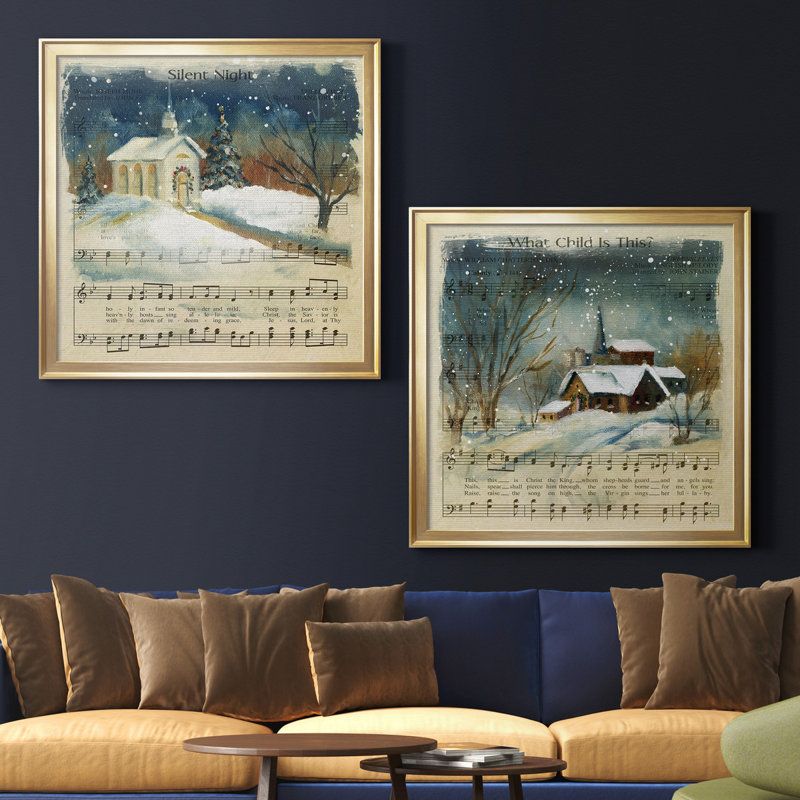 Silent Night - ensemble de 2 reproductions d'impressions, H 34,5 po x l 69 po x P 1,5 po, Toile encadrée d'or, Pas de tapis