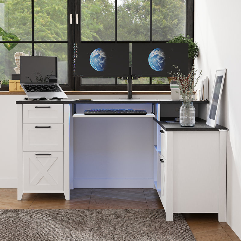 Office L-Shaped Executive Desk With 3-In-1 Charging Station & RGB LED Keyboard Tray & Adjustable File Storage Space