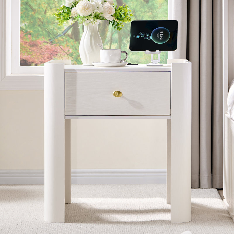  Modern Wood Nightstand with Charging Station & Storage Drawer, 23.6" Tall Curved Bedside Table, Natural