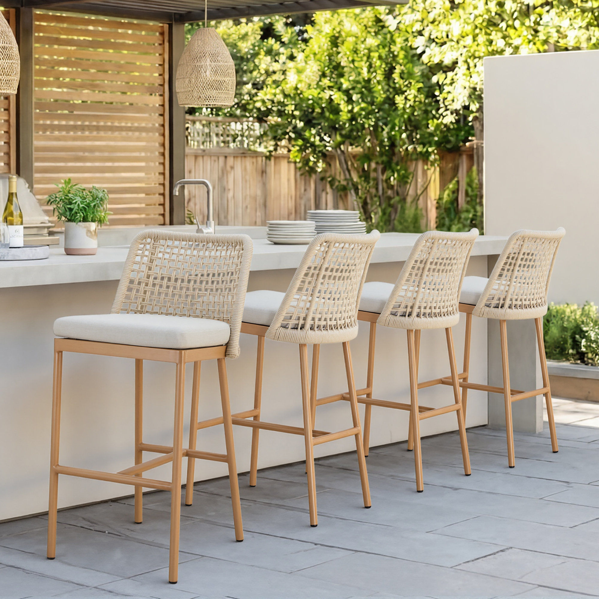 Deana Patio Bar Stool, Beige/Oak