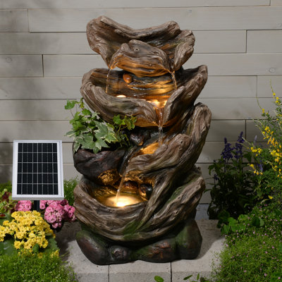 25" H Realistic Solar Powered Stump Waterfall Fountain, Weather-resistant 4-tier Resin Water Feature With Led Lights.