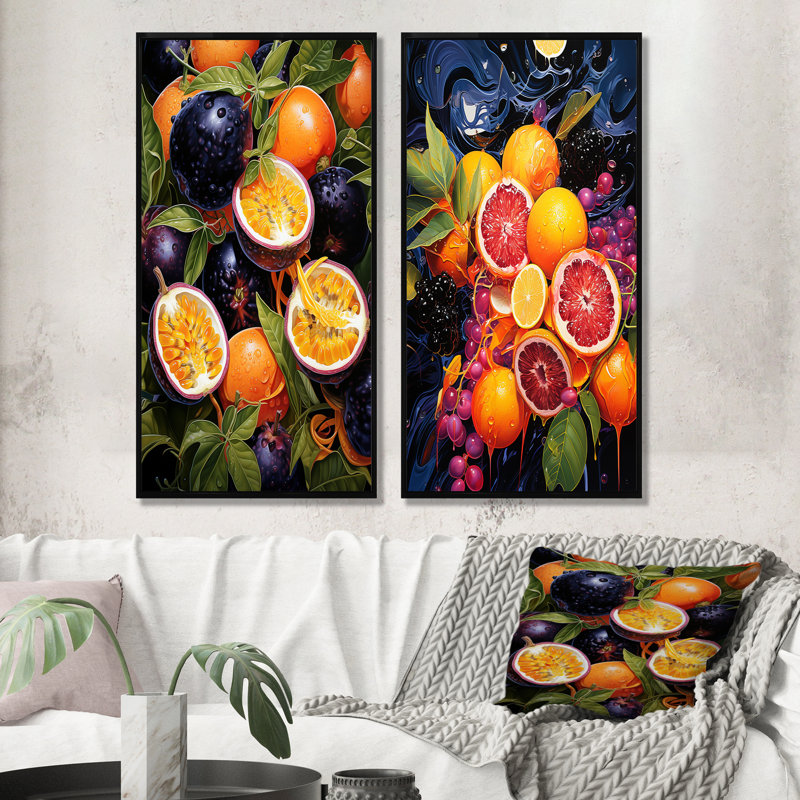 Electric Ebony Passionfruit Pulse - fruits, ensemble de 2 reproductions d'art mural, Cadre noir, H 32 po x l 33 po