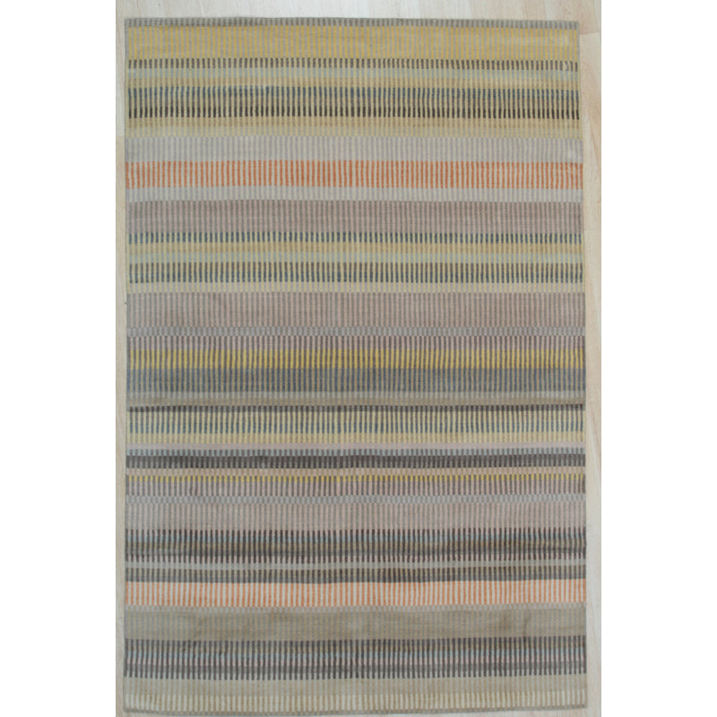 Gray and Beige Hand-Knotted Wool Striped 6' x 9' Rug