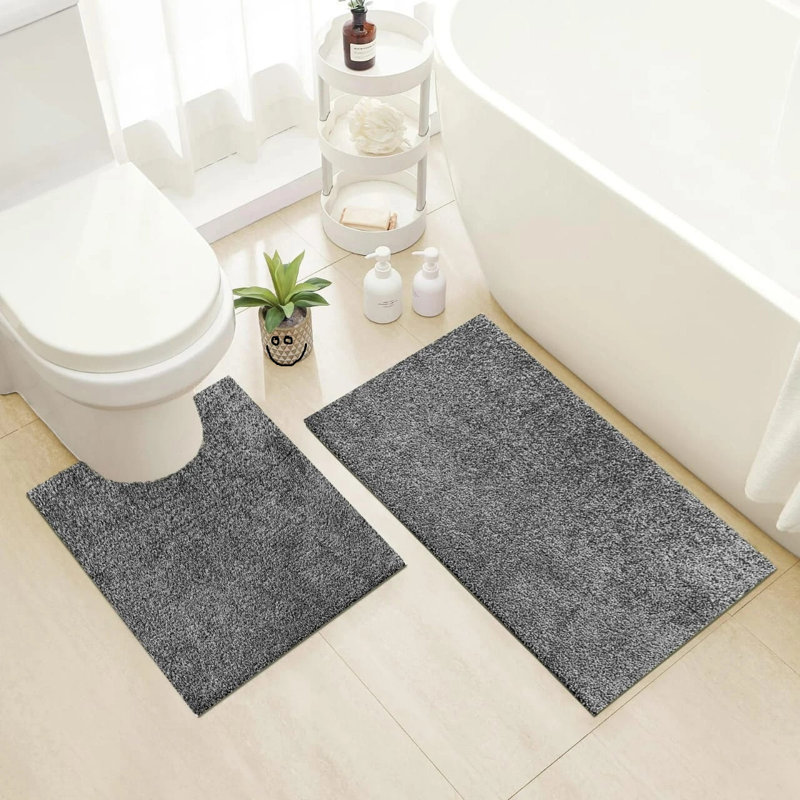 2 Piece Alya Small Bath Mat Ultra Soft Bathroom Rug Anti Slip Toilet Rug Pedestal Mat Set, 100cm L x 60cm W, Grey