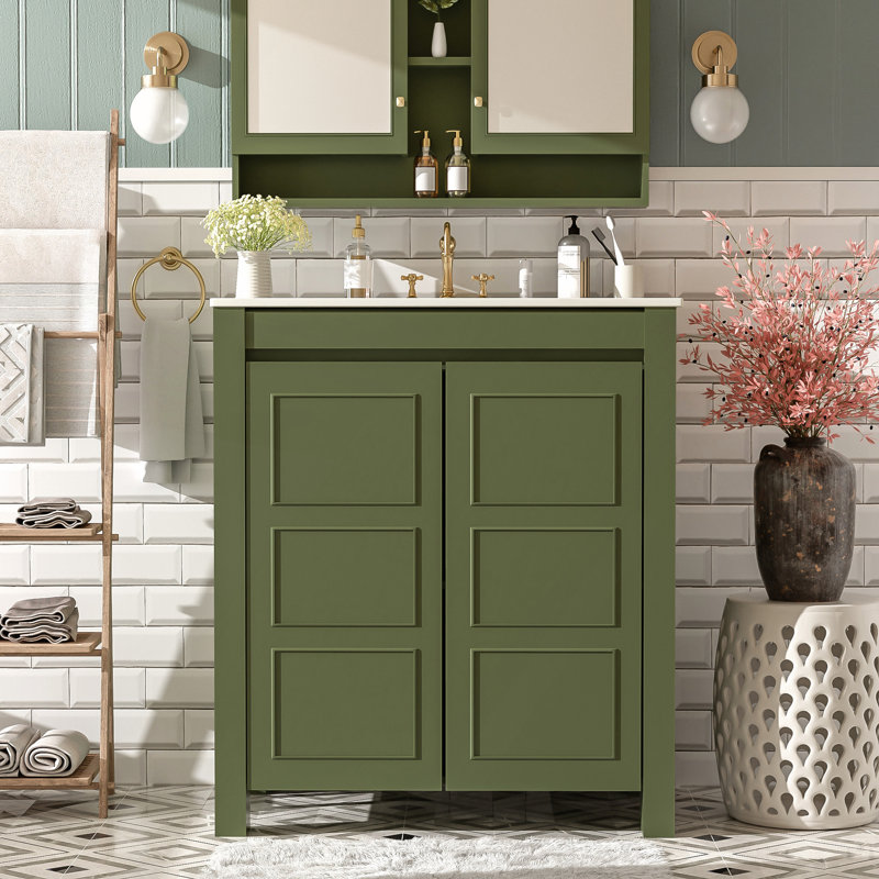 Meuble-lavabo de ferme 30 po avec lavabo en céramique, Vert olive