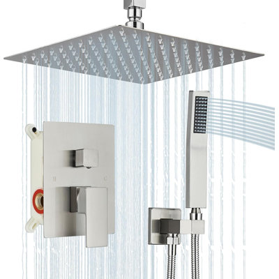 Shower Faucet Set Brushed Nickel Rain Shower System with High Pressure 12 Inches Rain Shower Head and Handheld Spray Bathroom Luxury Rain Mixer Shower Complete Combo Set Ceiling Mounted