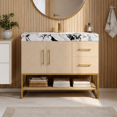 Meuble-lavabo autoportant de 36 pouces avec lavabo intégré en céramique, plateau en pierre frittée, tiroirs, tablette ouverte et structure en acier inoxydable doré