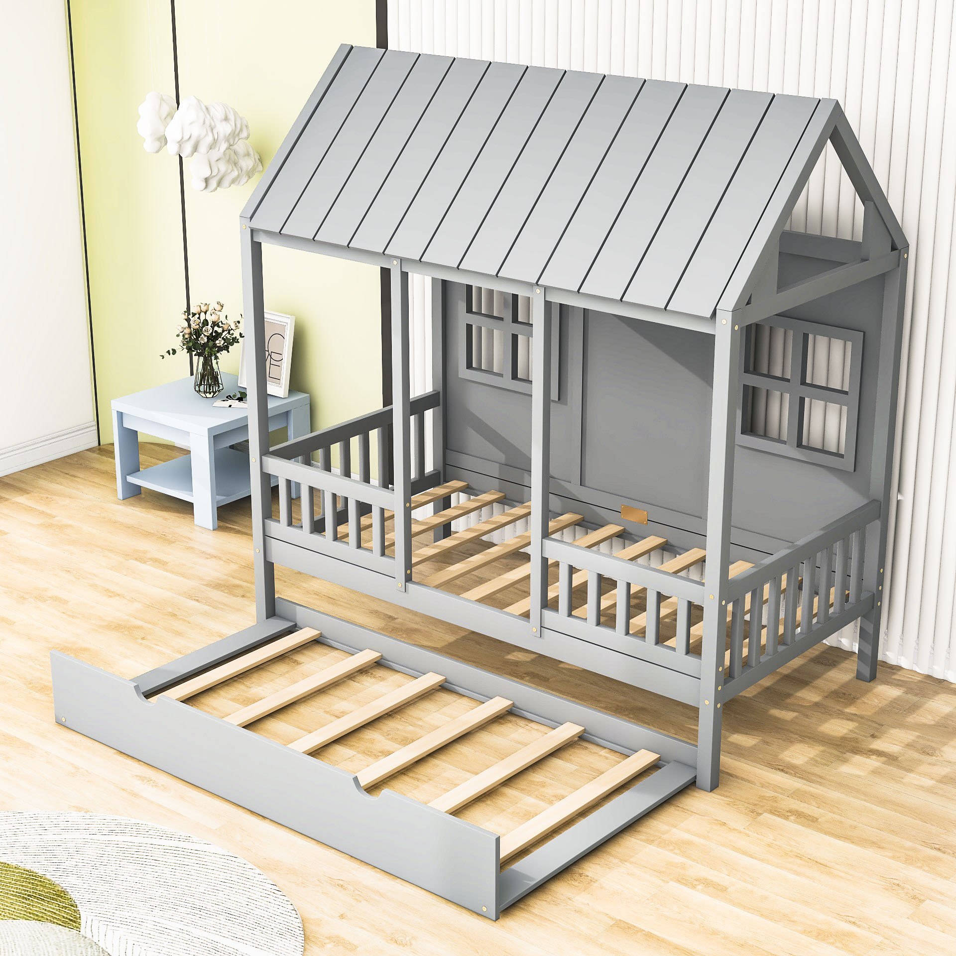 Wooden House Daybed with Twin Trundle, Roof & Windows Design - Grey