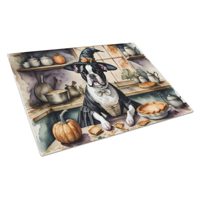 Boston Terrier Fall Kitchen Pumpkins Glass Cutting Board Large