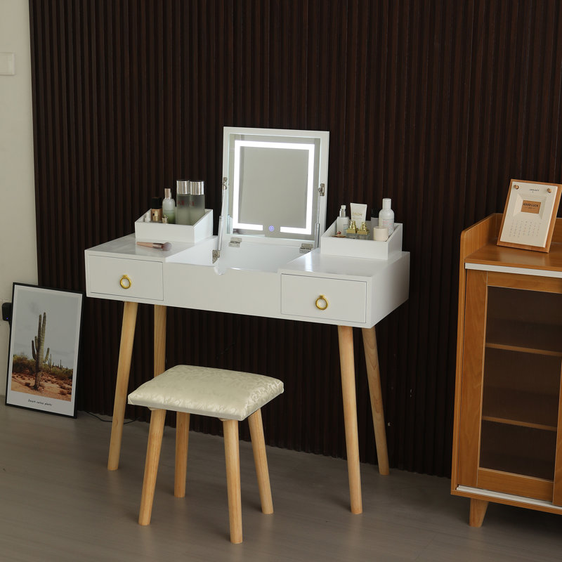 Vanity Desk Set With LED Lighted Mirror & Power Outlet