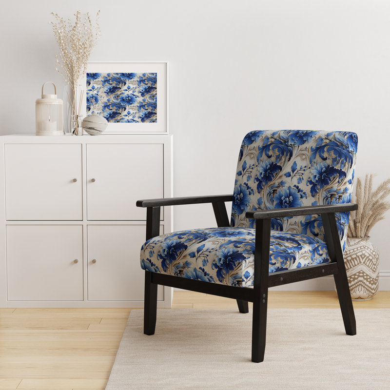 Motif victorien majestueux à volutes de cobalt - fauteuil rembourré de style campagnard, chaise d'appoint rustique à motif floral