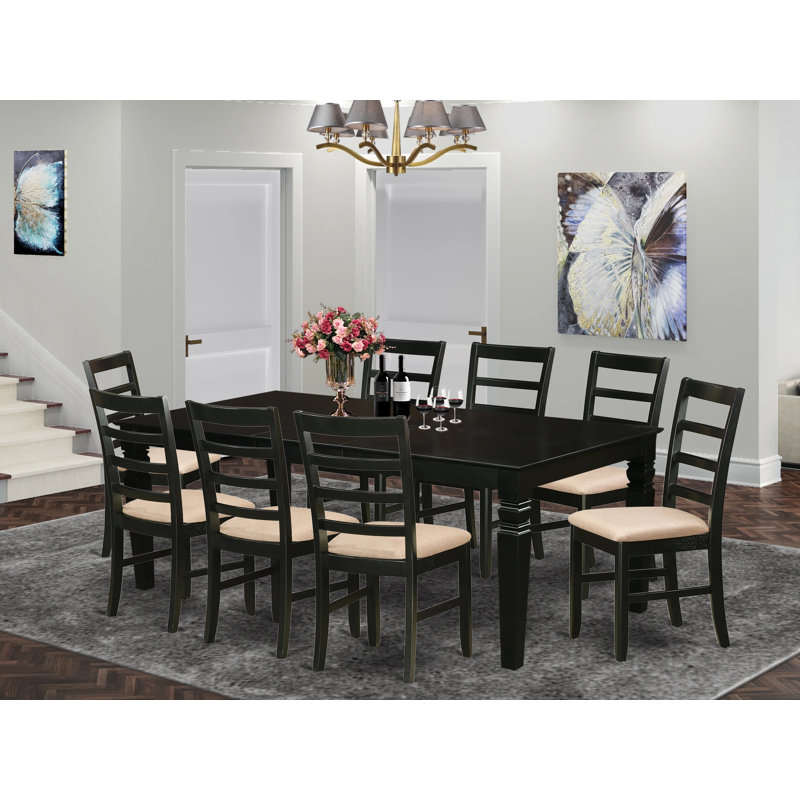 Ensemble de salle à manger 9 pièces comprenant une table de salle à manger rectangulaire avec rallonge papillon et 8 chaises de salle à manger en tissu de lin, noir