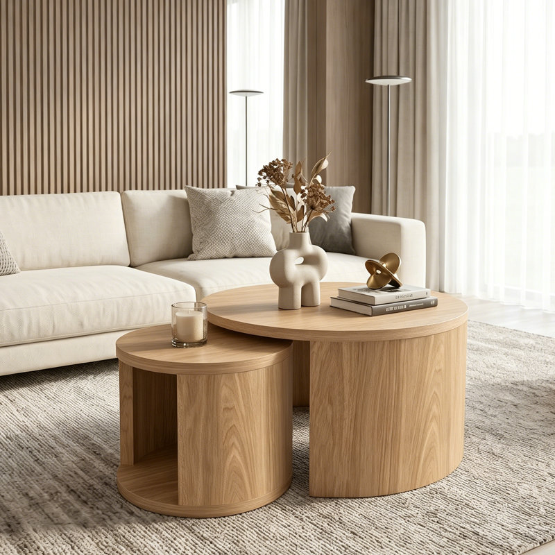 Ensemble de 2 tables basses gigognes modernes avec centre de table rond en bois 31,5 po avec bord rainuré de sécurité et conception compacte